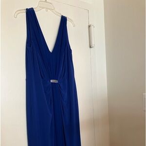 Blue formal dress with rhinestones broach at the waistline, sz 14 by R. Lauren